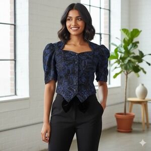 Gunne Sax by Jessica McClintock Blue Floral Velvet Puff Sleeve Bow Top - Size 11